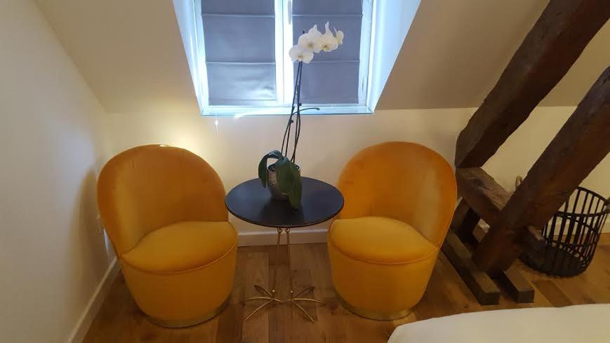 Deux fauteuils de velours sous une fenêtre de toit